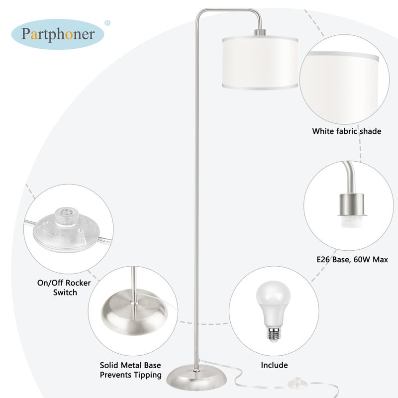 PARTPHONER [Upgraded] LED Floor Lamp for Living Room, 3 Color Temperature Floor Lamp with Foot Switch Modern Standing Lamp Tall Pole Floor Reading Lamp for Bedroom Study Room, Bulb Included Silver (One Shade) - Image 5